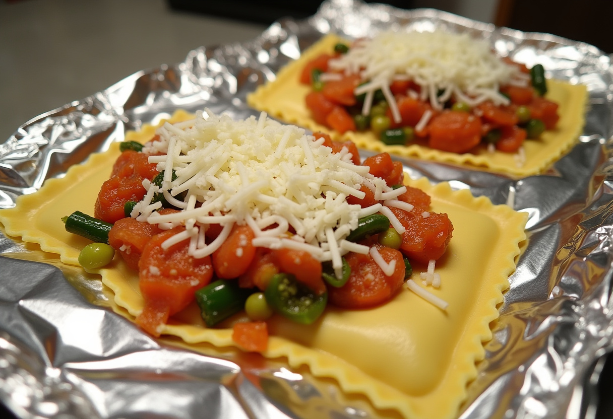Preparing a foil pack with ravioli and vegetables, topped with cheese to create a delightful dinner.
