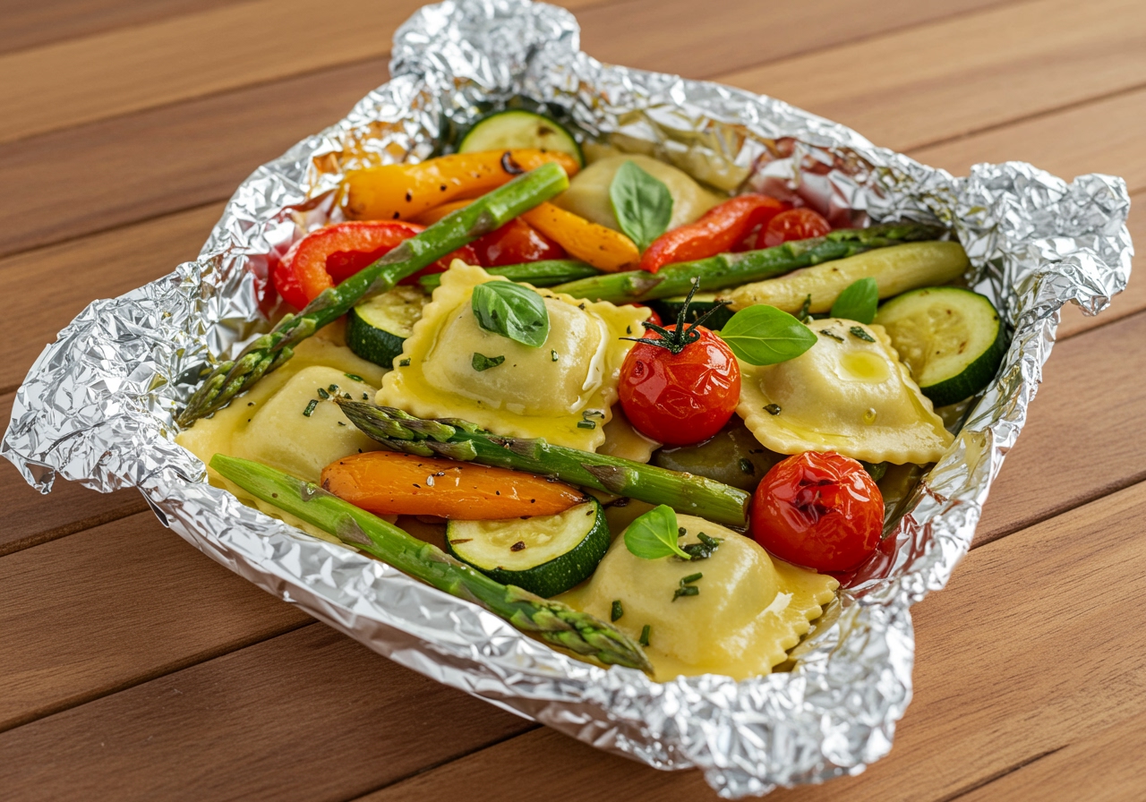 A deliciously plated foil-pack ravioli dinner featuring cheese-topped ravioli with vibrant vegetables, ready to enjoy.
