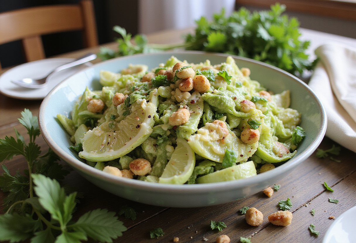 A stunning Green Goddess Cabbage Salad presentation, showcasing freshness with vibrant colors and garnishes in an inviting dining setting.