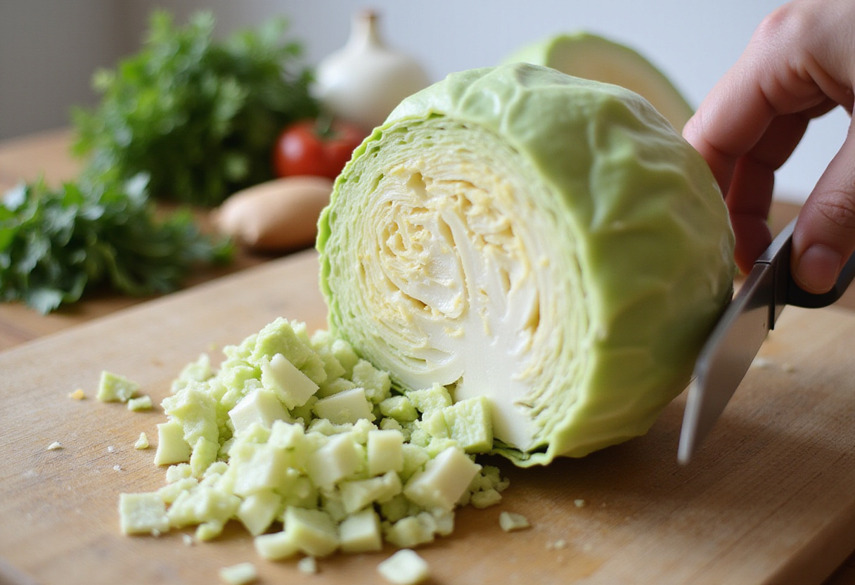 Chopping fresh cabbage for a Green Goddess Cabbage Salad, showcasing vibrant ingredients and a bright kitchen.