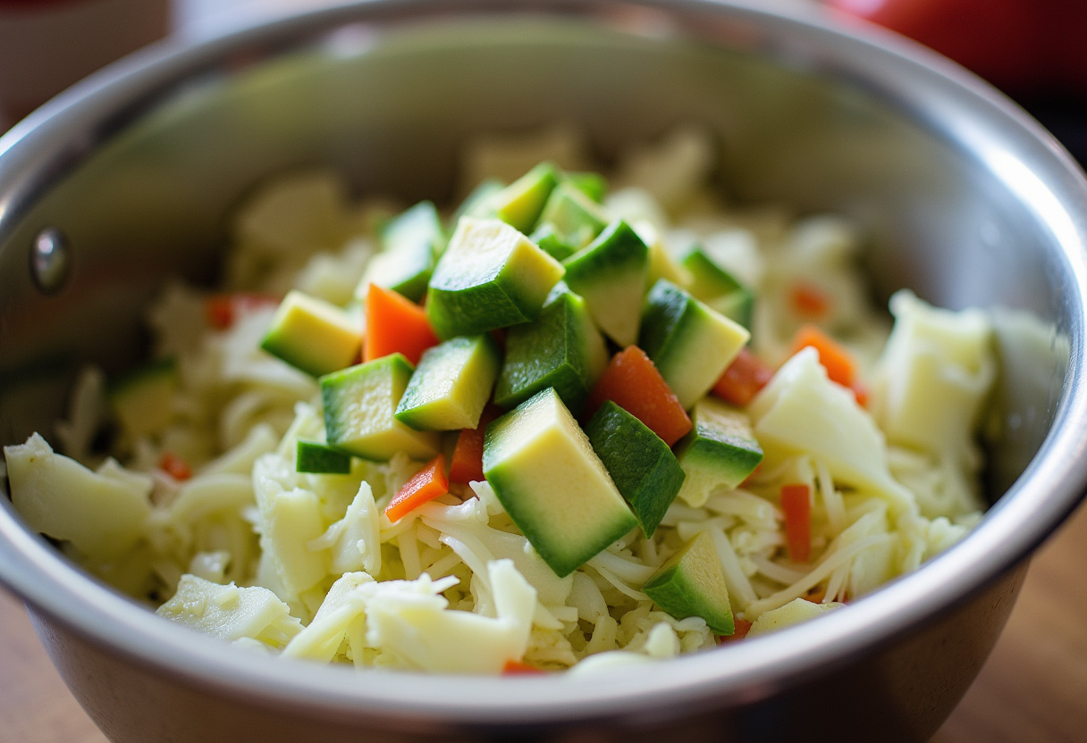 Combining chopped cabbage with fresh ingredients for a Green Goddess Cabbage Salad, highlighting the vibrant colors and textures of the salad.