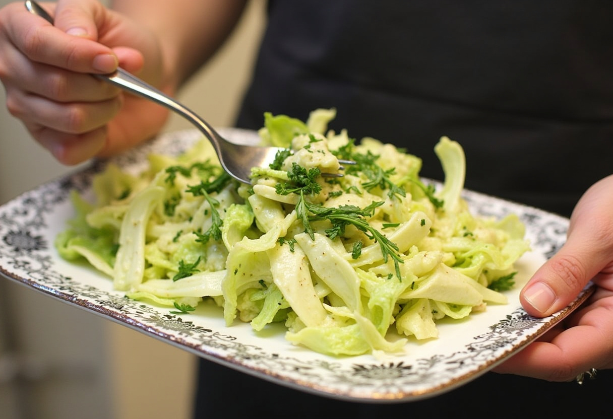 Serving a beautifully garnished Green Goddess Cabbage Salad, showcasing the freshness and color of the dish in a welcoming setting.