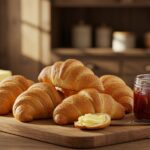 Freshly baked flaky croissants displayed on a wooden board with butter and jam in a rustic kitchen.