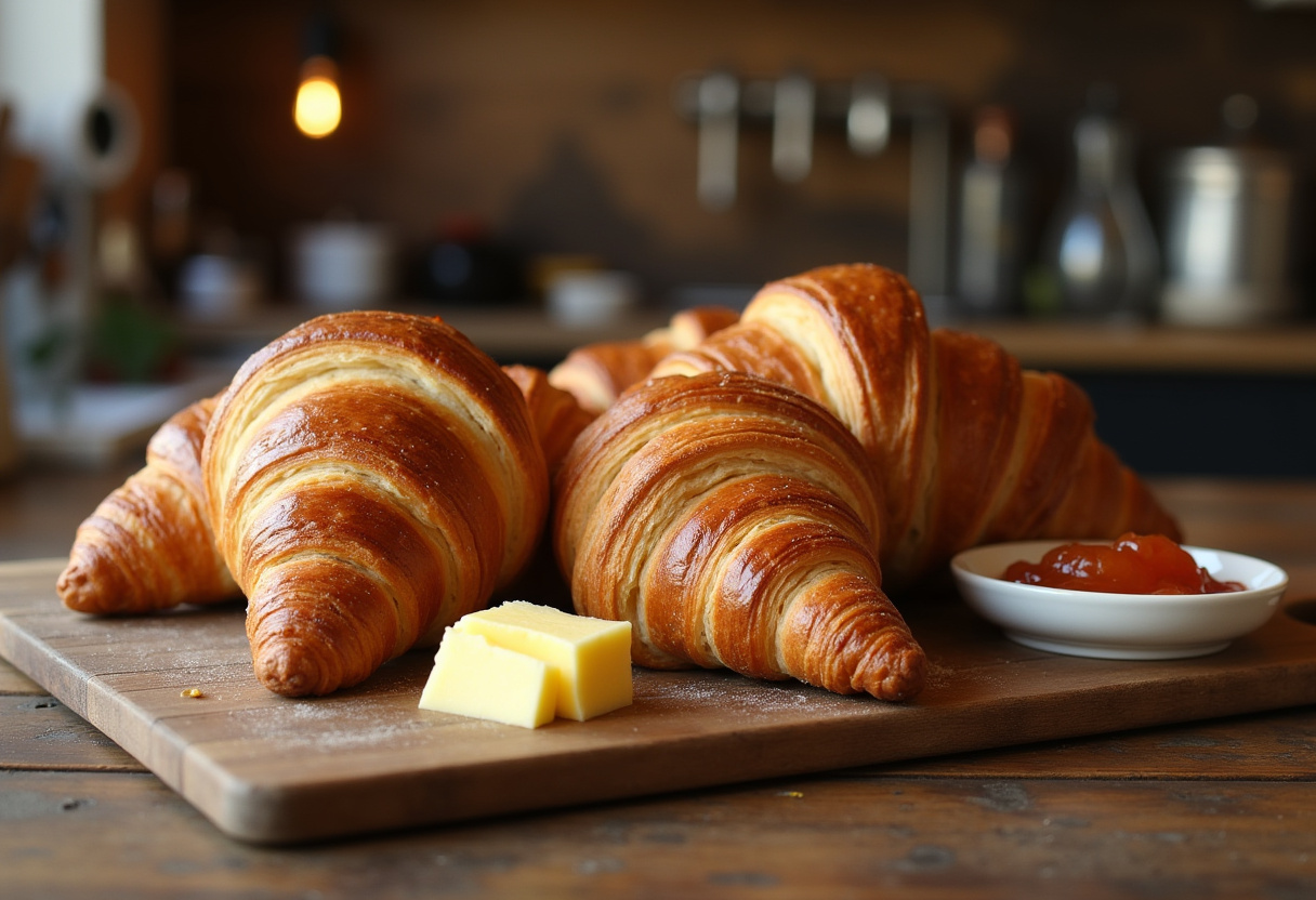 Freshly baked flaky croissants displayed on a wooden board with butter and jam in a rustic kitchen.