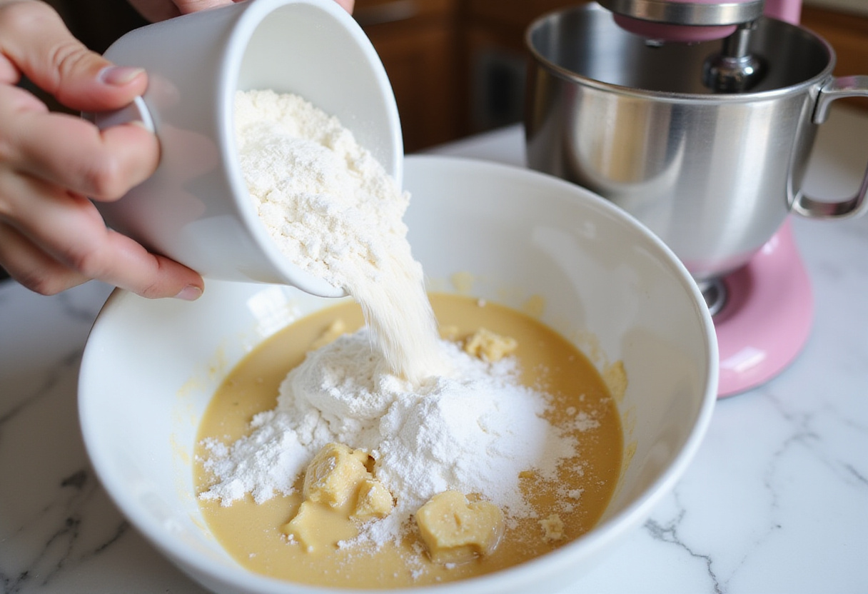 Mixing ingredients for homemade flaky croissants with flour, sugar, and salt on a marble countertop.