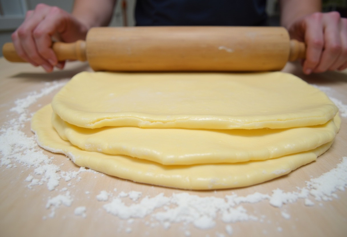 Rolling out cold butter between parchment paper for layered dough in flaky croissant preparation.