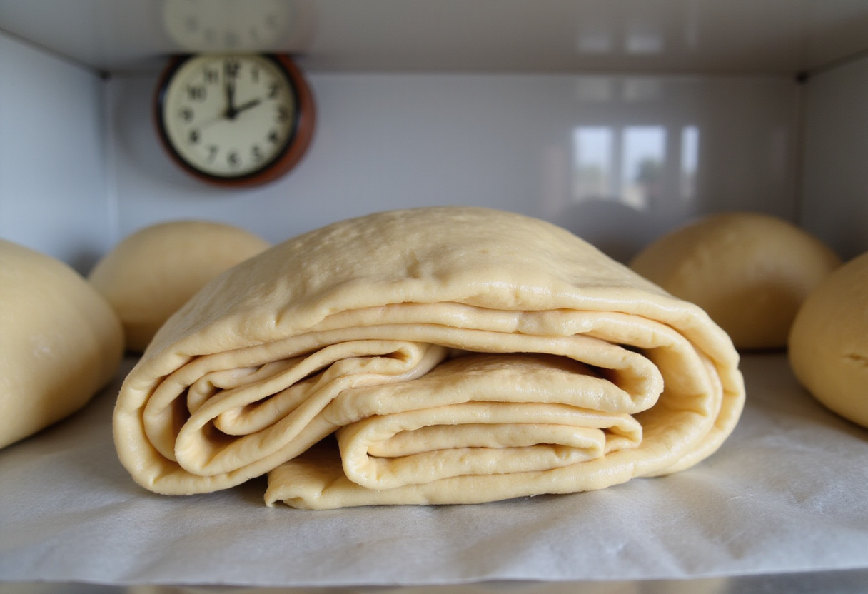 Chilled layered dough for homemade croissants resting in the refrigerator before shaping.