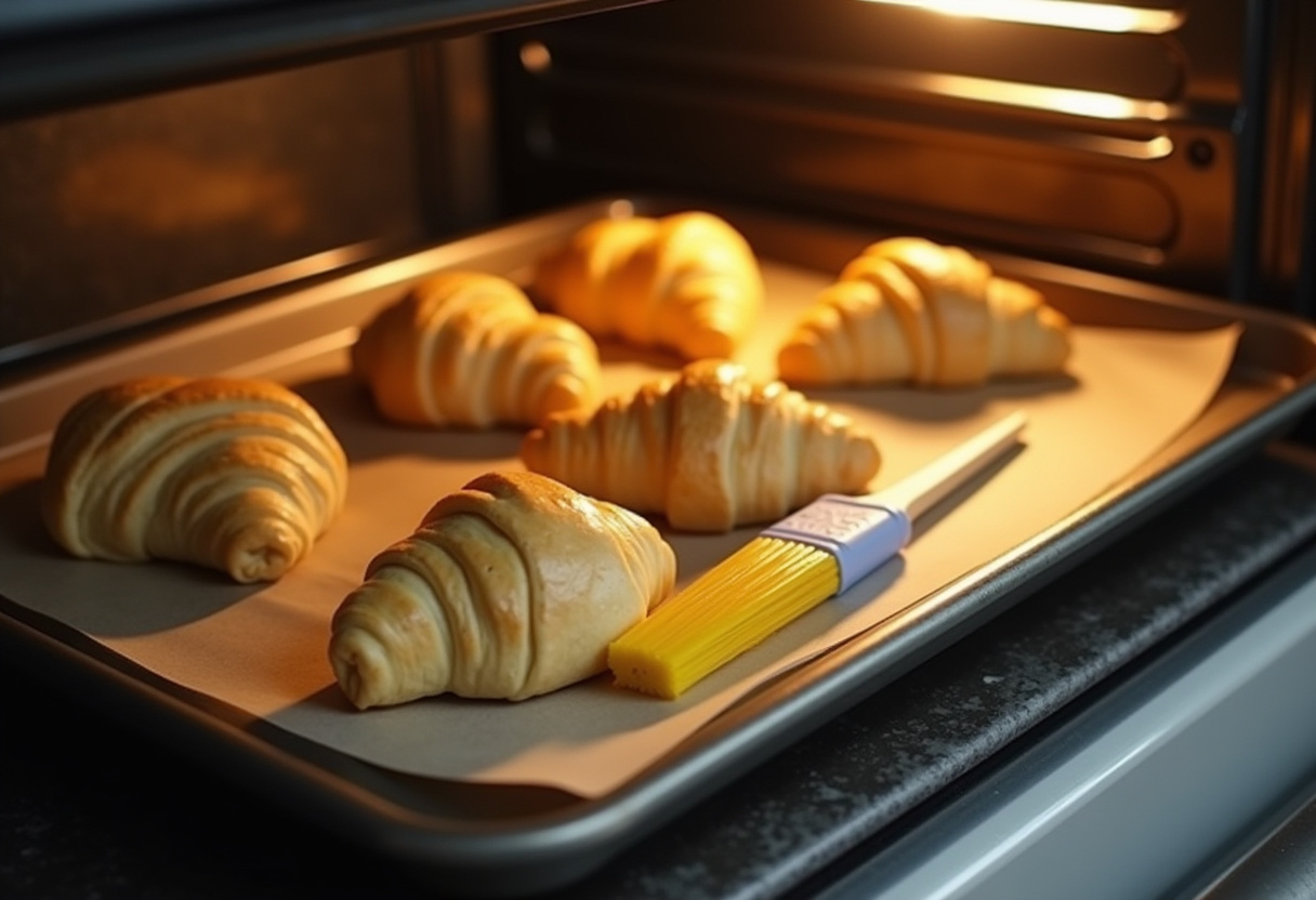 Shaped croissants brushed with egg wash, ready to be baked into golden flaky perfection.