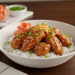 Final presentation of a Hot Honey Chicken Bowl with vibrant colors and garnishes, appetizing and ready to serve.