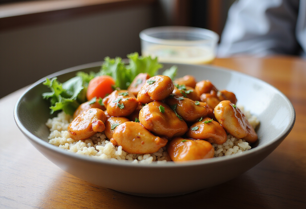 Final presentation of a Hot Honey Chicken Bowl with vibrant colors and garnishes, appetizing and ready to serve.