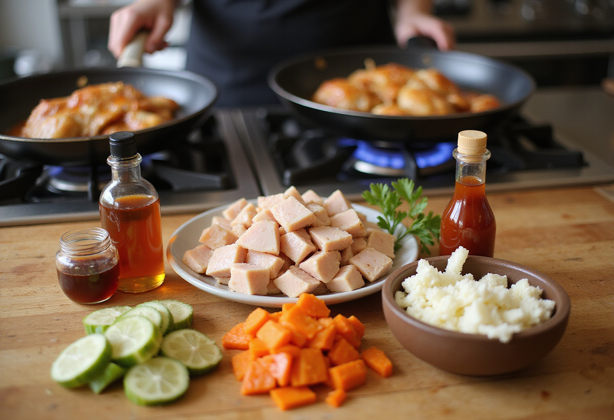 Hot Honey Chicken Bowl ingredients preparation with chicken, honey and vegetables on a countertop.