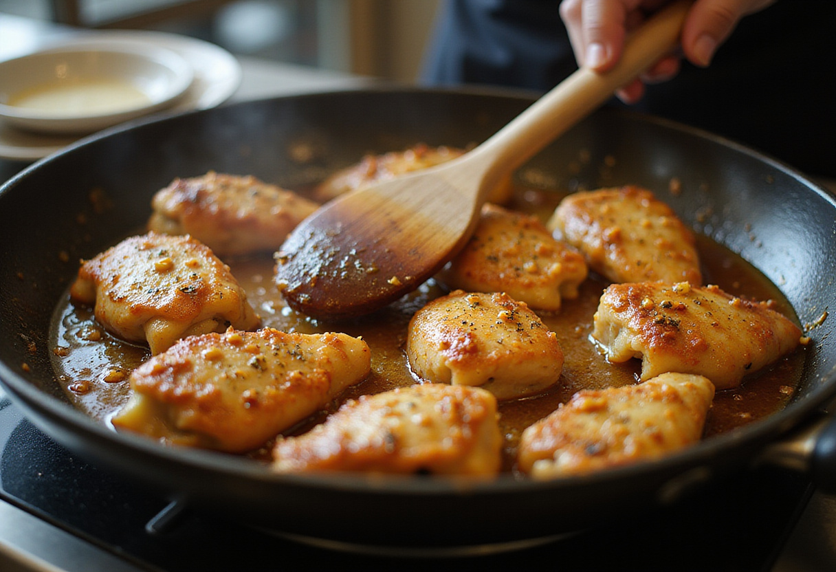 Cooking chicken for a Hot Honey Chicken Bowl, sizzling in hot honey sauce with garlic and spices.