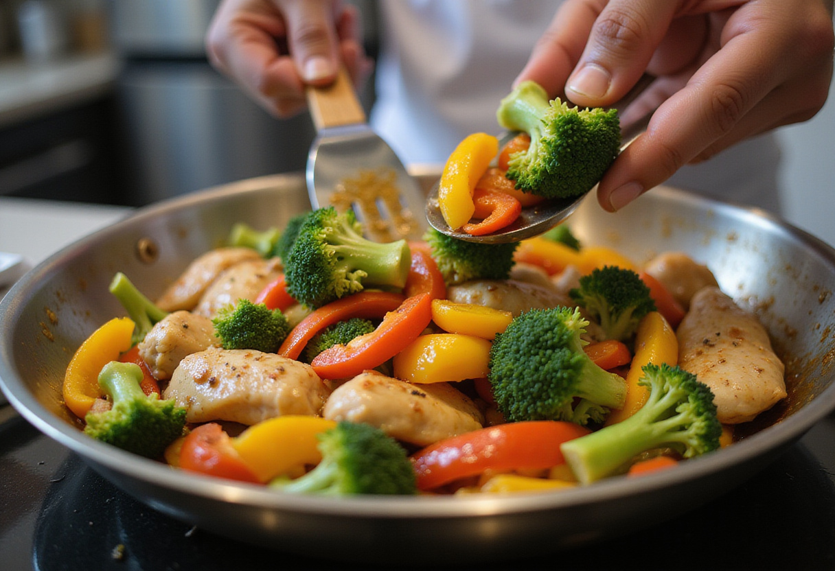Sauteing fresh vegetables for a Hot Honey Chicken Bowl, including bell peppers and broccoli.