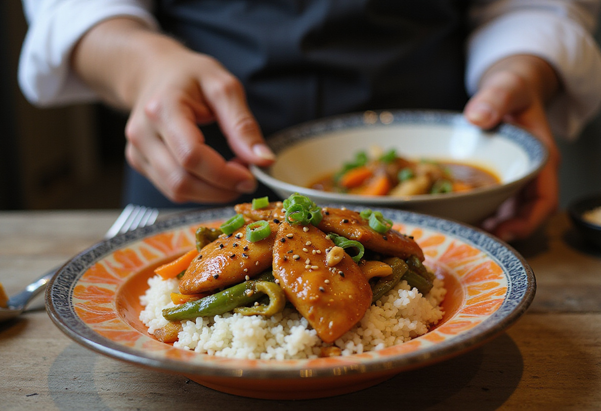 Plating a Hot Honey Chicken Bowl with chicken, rice, and vegetables, beautifully garnished.