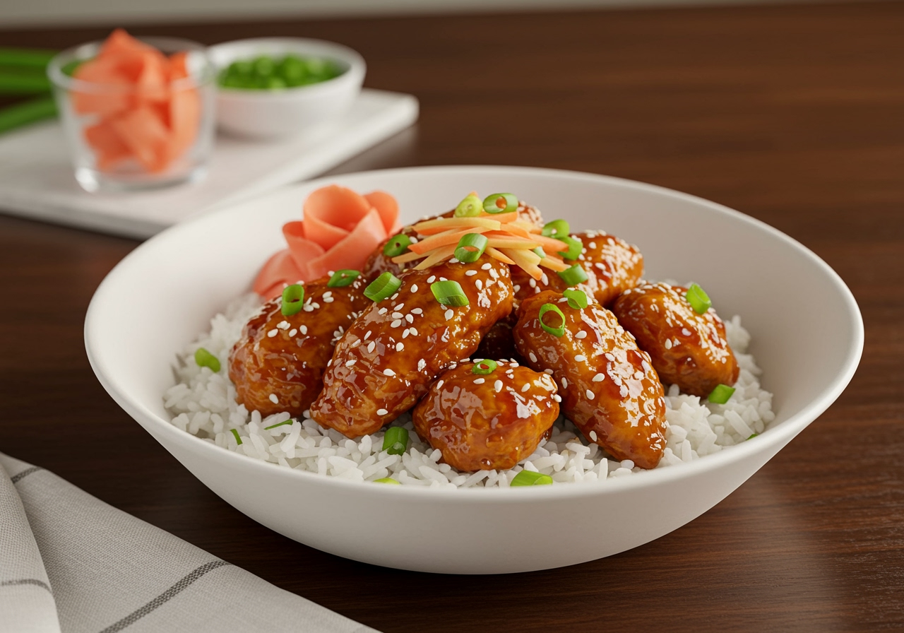 Final presentation of a Hot Honey Chicken Bowl with vibrant colors and garnishes, appetizing and ready to serve.