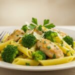 How to Make Chicken and Broccoli Pasta: Final presentation of a delicious chicken and broccoli pasta dish, ready to serve.