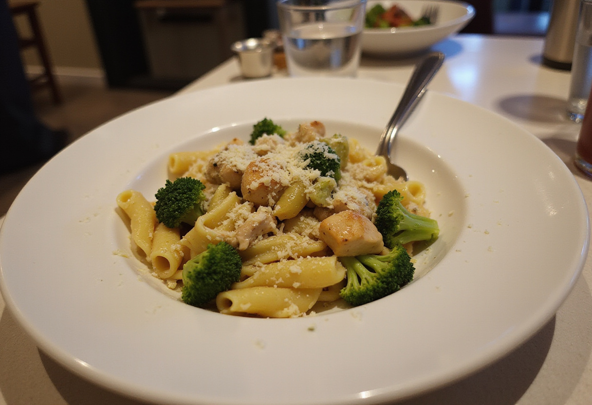 How to Make Chicken and Broccoli Pasta: Final presentation of a delicious chicken and broccoli pasta dish, ready to serve.