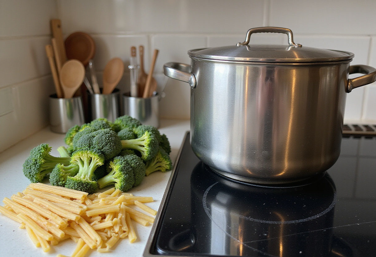 How to Make Chicken and Broccoli Pasta: Adding uncooked pasta to boiling water for perfect texture.