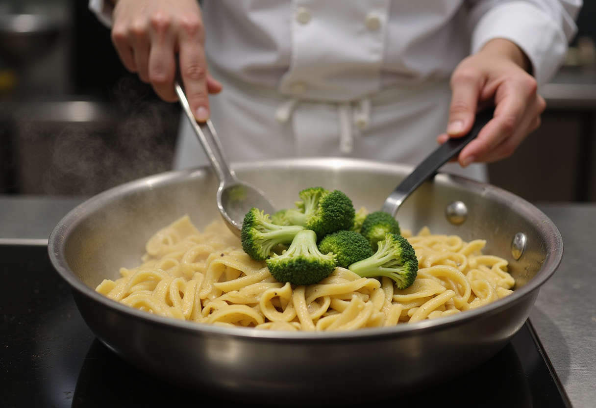 How to Make Chicken and Broccoli Pasta: Cooking sliced chicken in a skillet to achieve a flavorful crust.