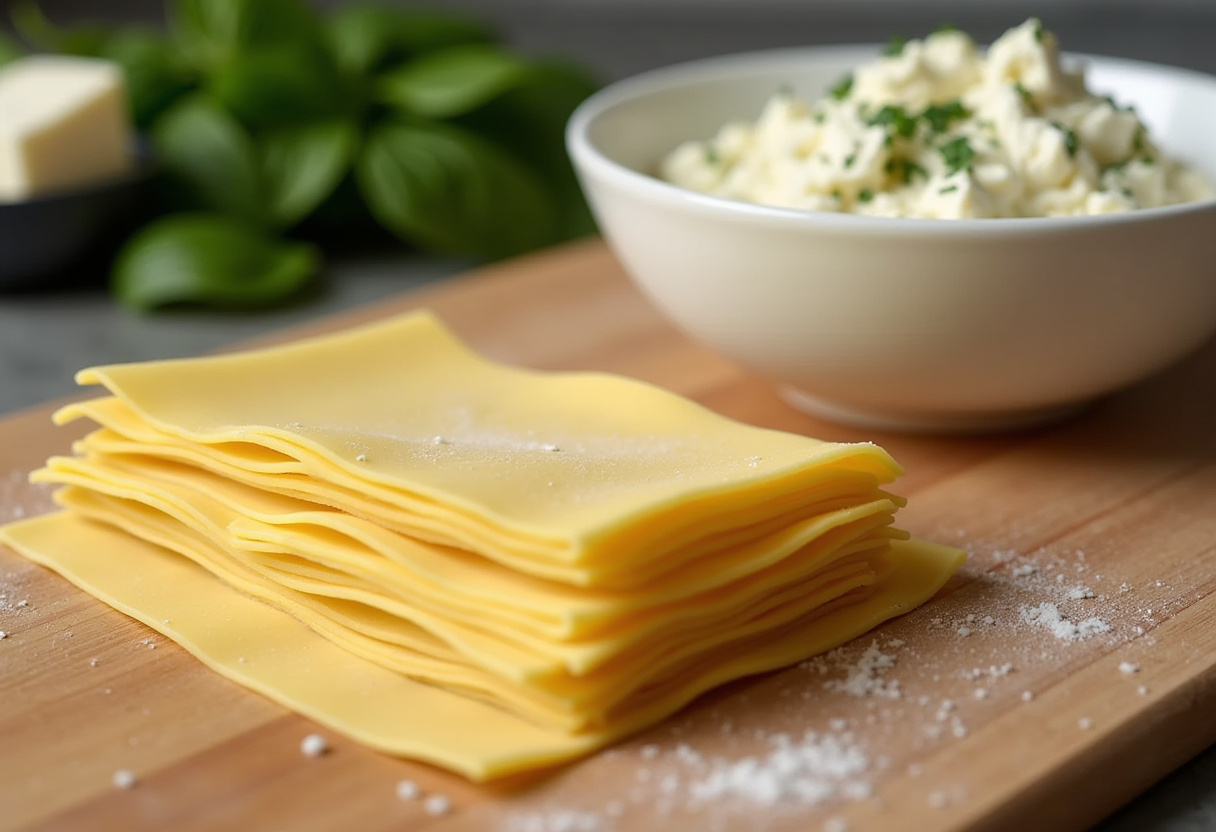 Preparing lasagna noodles and ricotta cheese for the best Maggiano’s Lasagna, showcasing fresh ingredients and an organized kitchen setting.