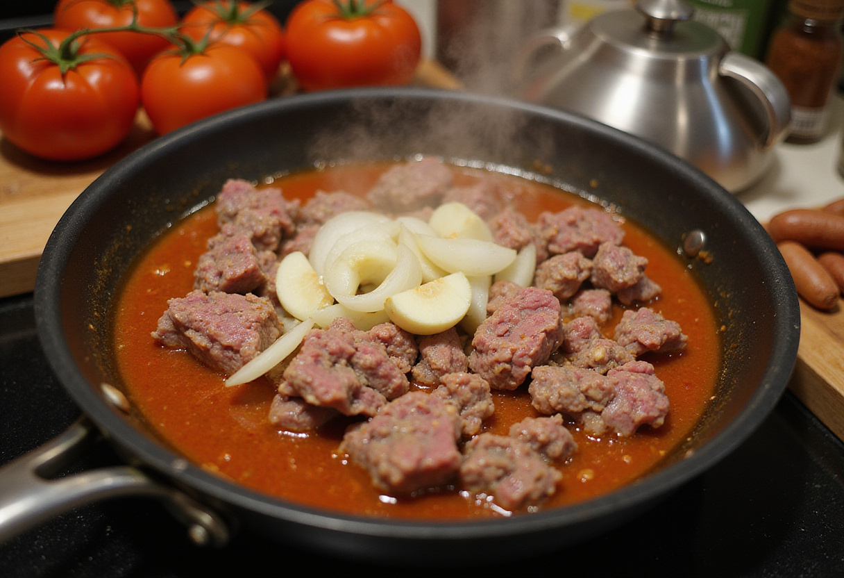 Browning ground beef with onions and garlic for a delicious spaghetti sauce in Lasagna, highlighting the cooking process and aromatic ingredients.