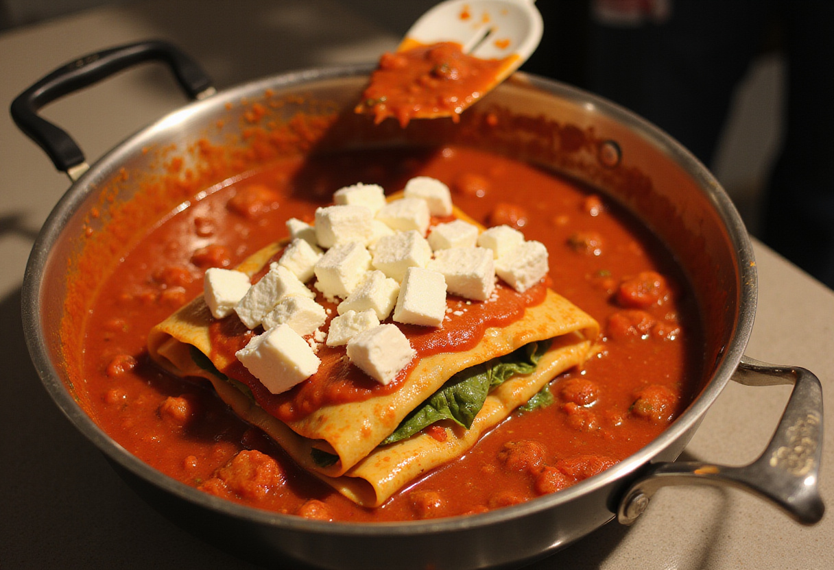 Assembling layers of the best Maggiano’s Lasagna with rich tomato sauce and mozzarella cheese, focusing on the lively process of creating the layered dish.
