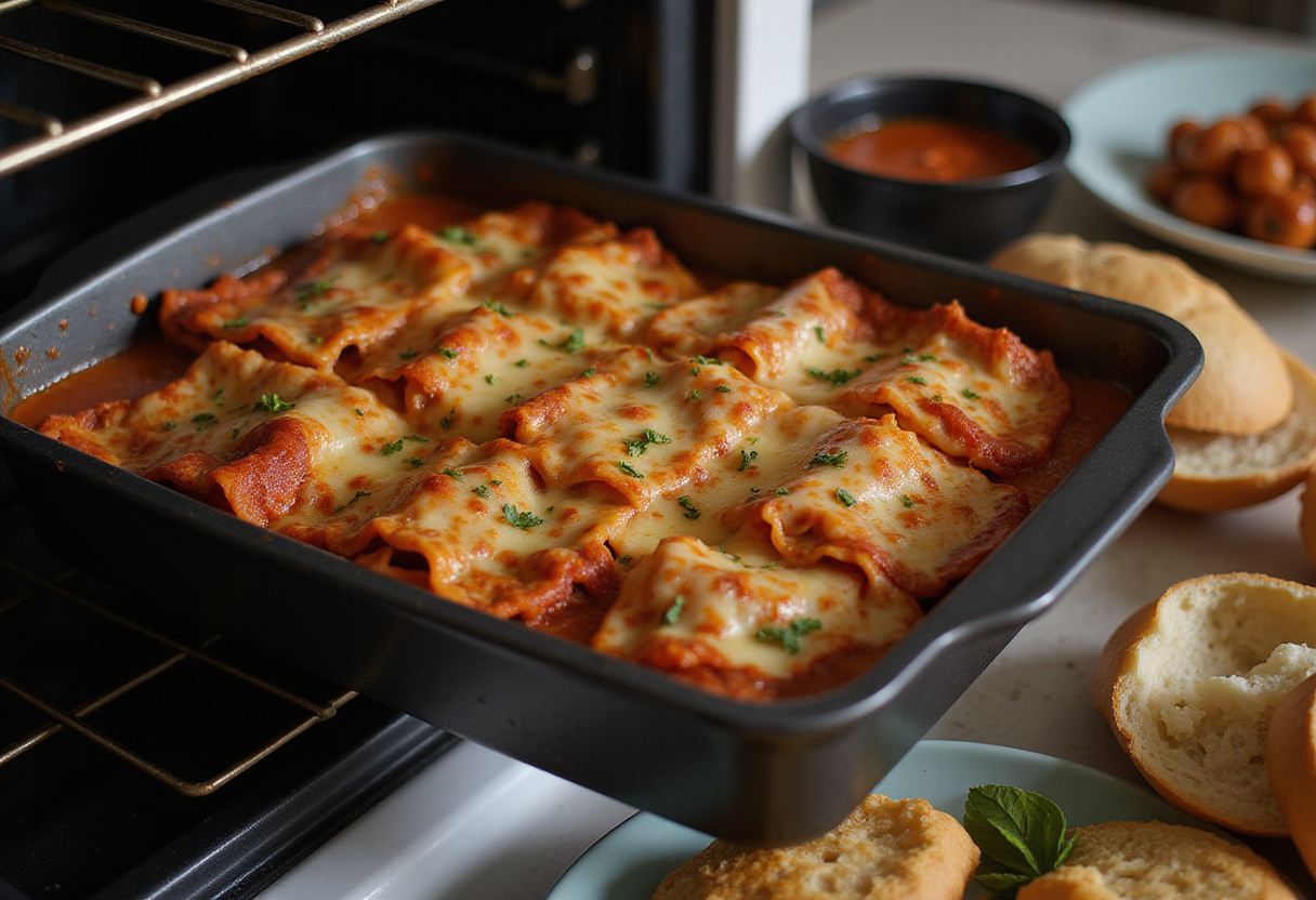 Placing a prepared lasagna in the oven to bake, capturing the anticipation of the best Maggiano’s Lasagna cooking alongside flavorful garlic bread.