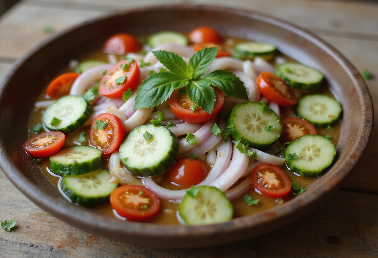 A beautifully arranged serving of marinated cucumbers, onions, and tomatoes in a rustic bowl, ready to be enjoyed.
