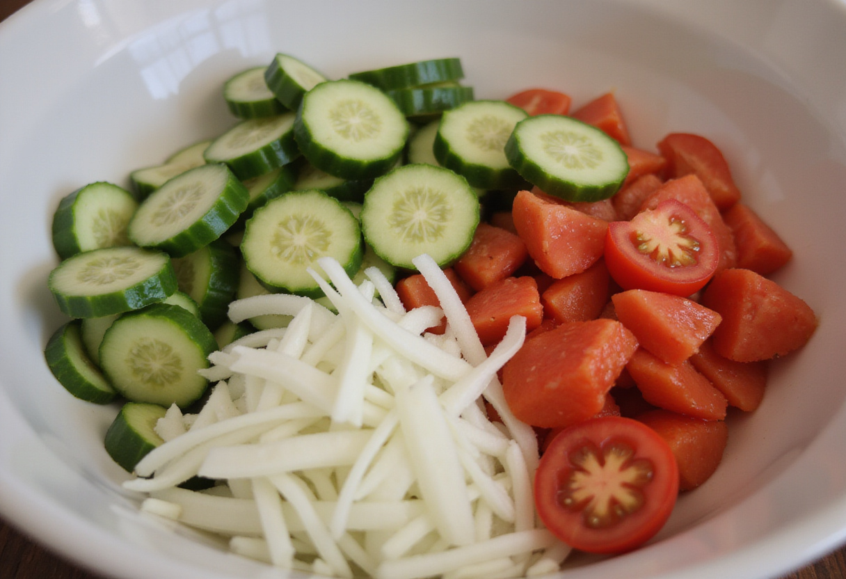 Freshly sliced cucumbers, onions, and tomatoes in a bowl, ready for marination for marinated cucumbers, onions, and tomatoes recipe.