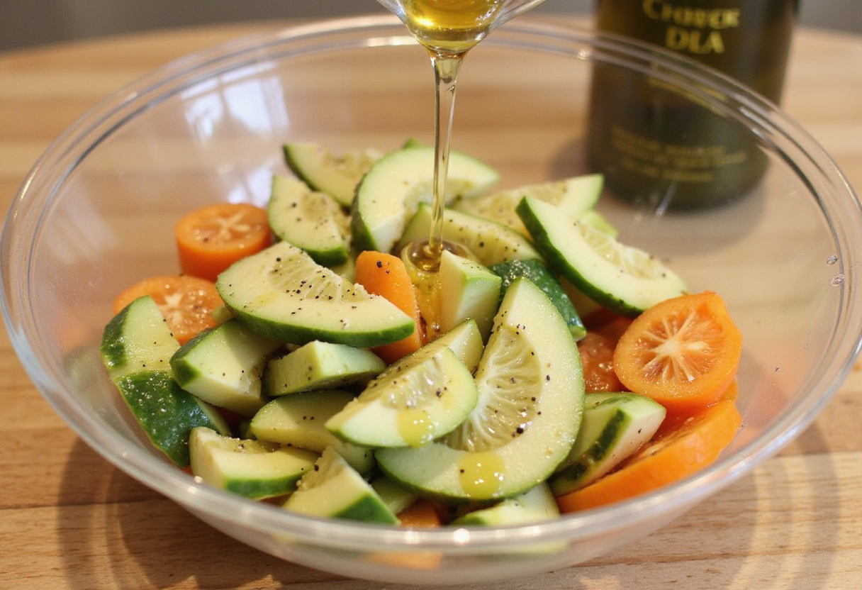 Whisking together vinegar, olive oil, salt, and pepper as a dressing for marinated cucumbers, onions, and tomatoes.