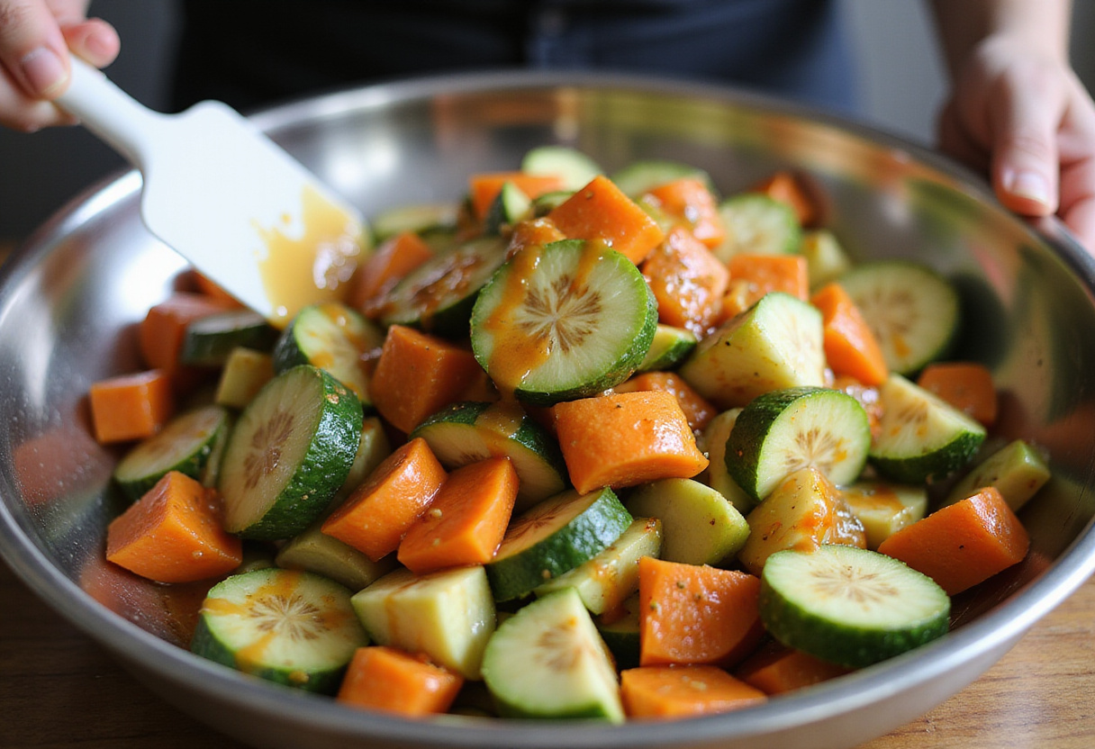 Gently tossing cucumbers, onions, and tomatoes in a bowl with a homemade dressing for marination.