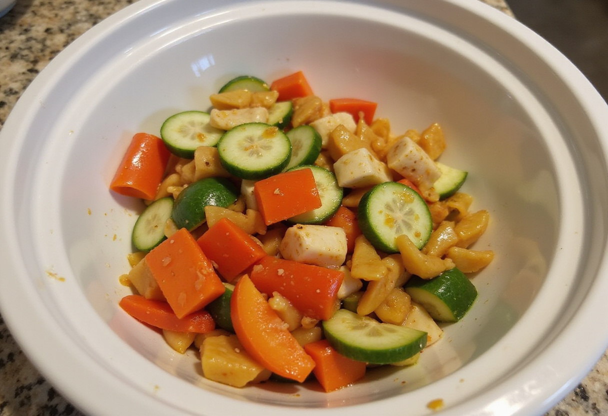A bowl of marinated cucumbers, onions, and tomatoes sitting in the refrigerator, soaking up flavors.