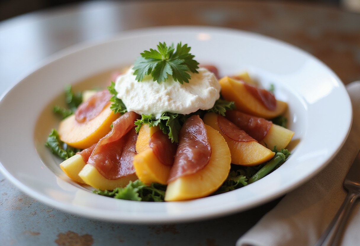 Finished Melon-Burrata-Prosciutto Salad ready to be served, showcasing bright colors and fresh ingredients.