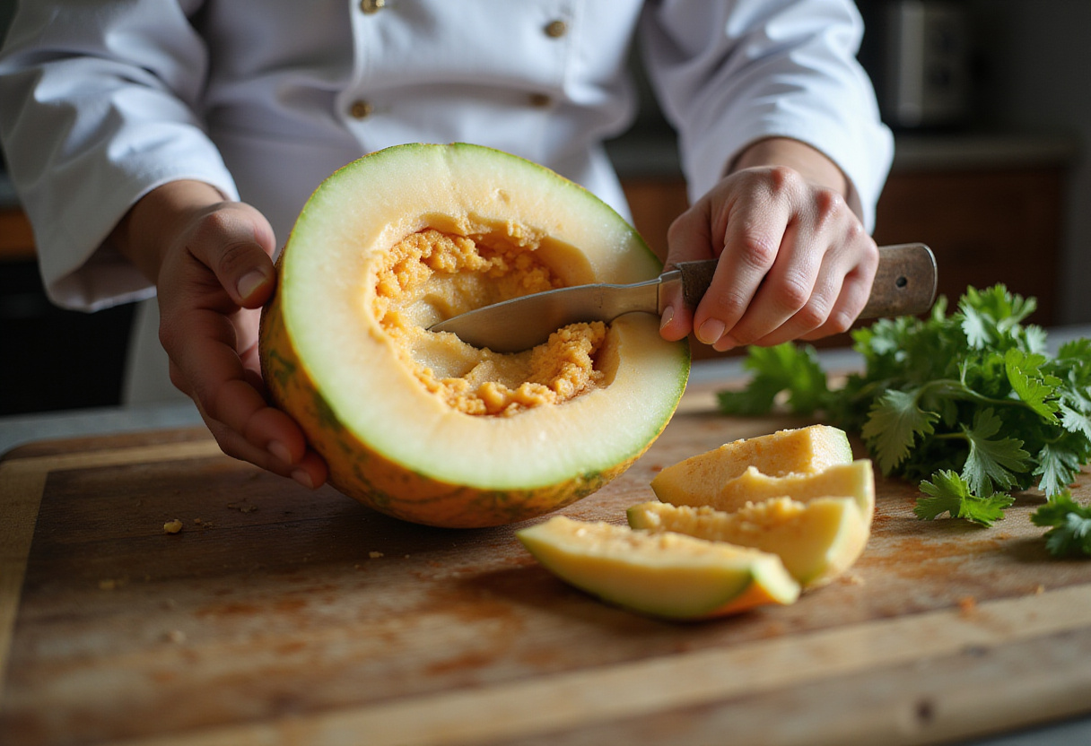 Slicing a ripe melon for Melon-Burrata-Prosciutto Salad with fresh herbs in the background.