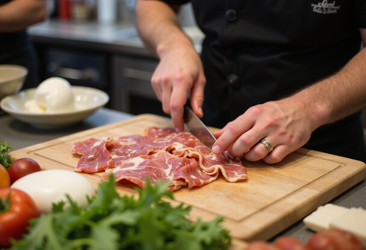 Preparing prosciutto slices for Melon-Burrata-Prosciutto Salad with fresh arugula and burrata cheese on display.