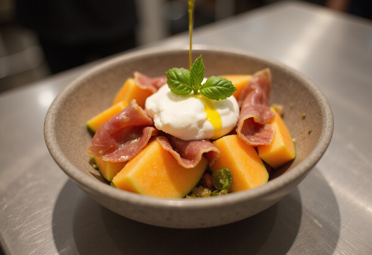 Combining melon cubes, prosciutto, and burrata in a bowl for Melon-Burrata-Prosciutto Salad with olive oil drizzle.