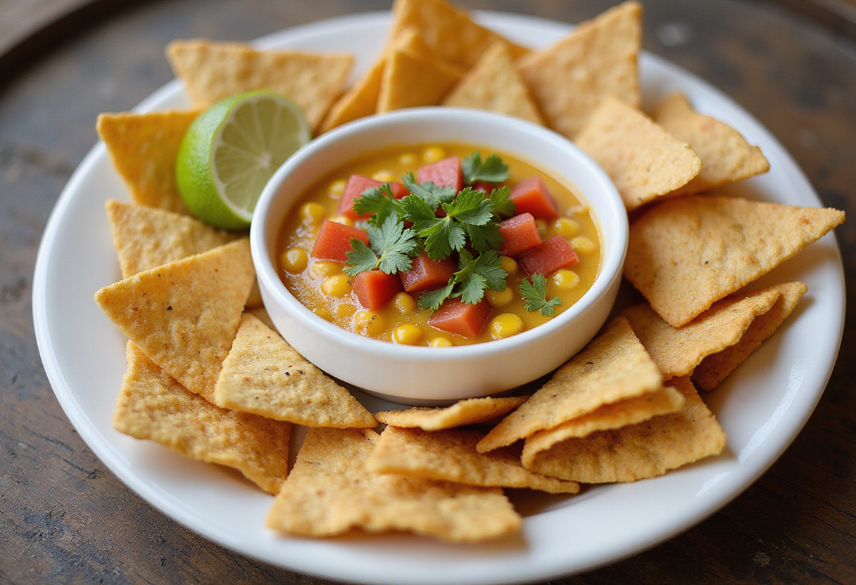 Delicious Mexican Street Corn Dip ready to enjoy, perfect with tortilla chips for a delightful Elote Dip experience.