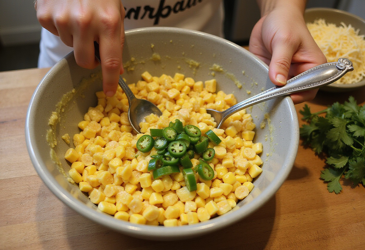 Mexican Street Corn Dip preparation featuring fresh ingredients like sweet corn and jalapenos for a delicious Elote Dip.
