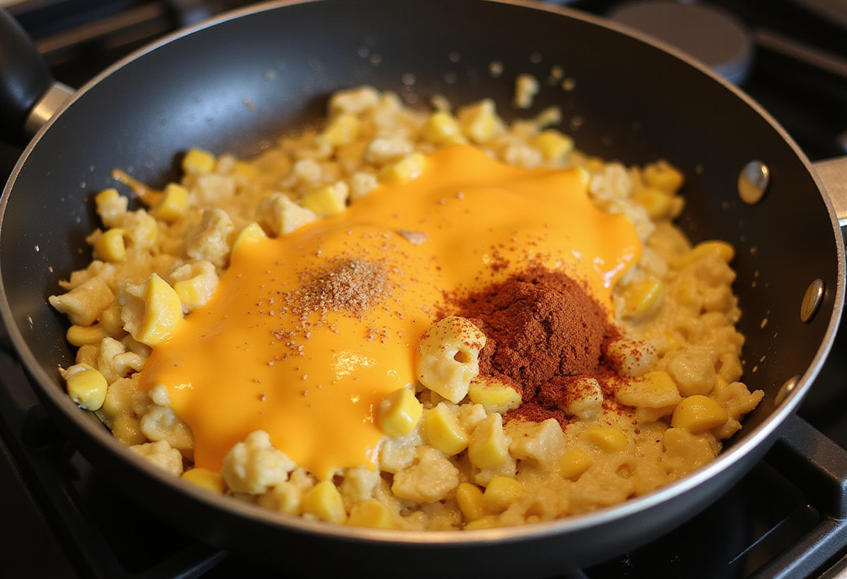 Elote Dip cooking in a skillet, blending flavors in a warm, delicious Mexican Street Corn casserole style.