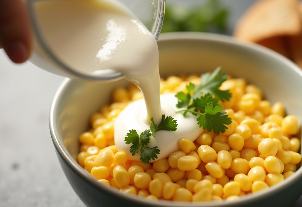 Adding yogurt and mayonnaise to the Mexican Street Corn Dip for a rich and creamy Elote Dip texture.