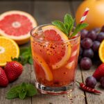 Final presentation of the no-cook fruit-chili mocktail on a rustic table, featuring colorful fruit slices and herbs for a refreshing drink.