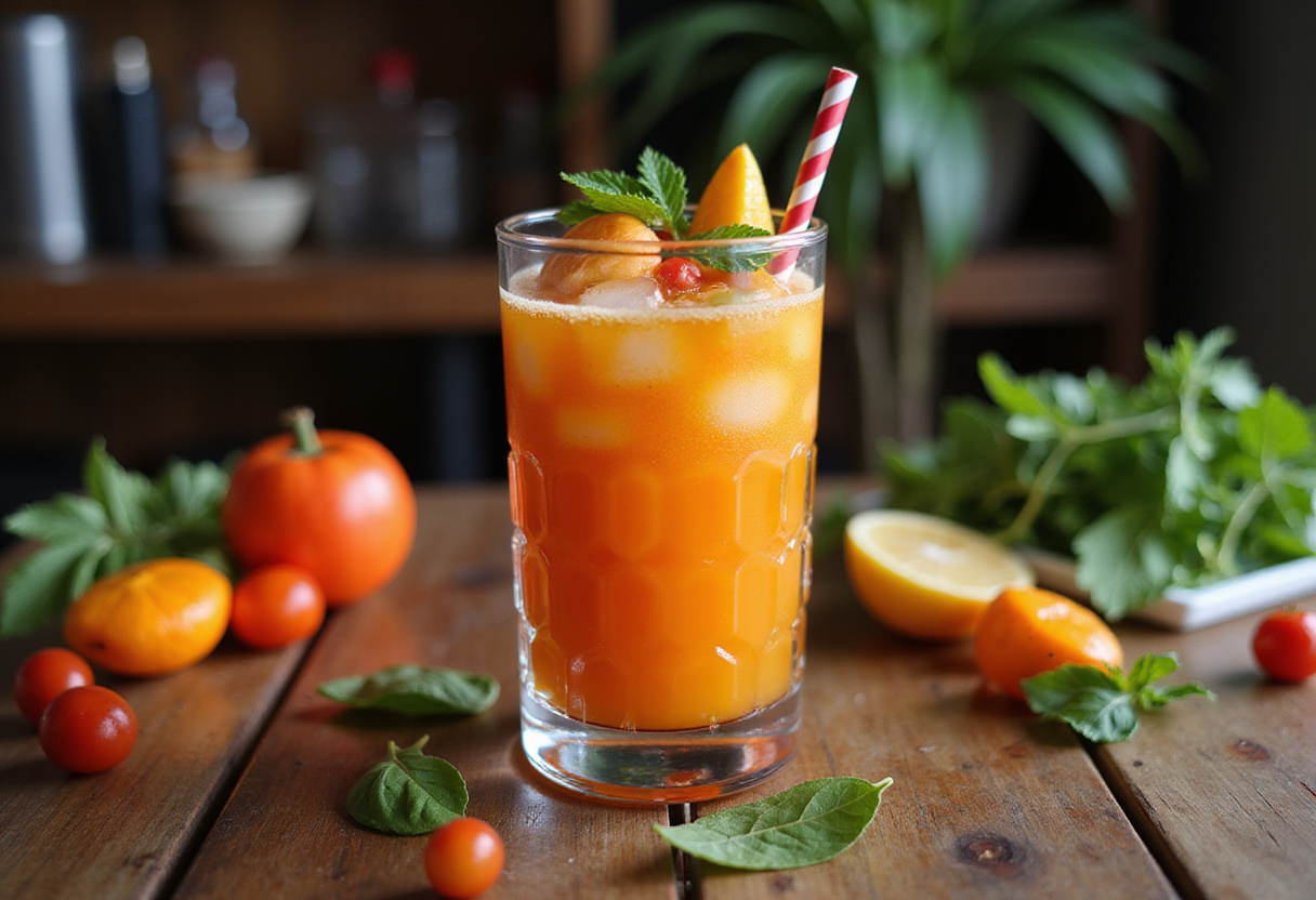 Final presentation of the no-cook fruit-chili mocktail on a rustic table, featuring colorful fruit slices and herbs for a refreshing drink.