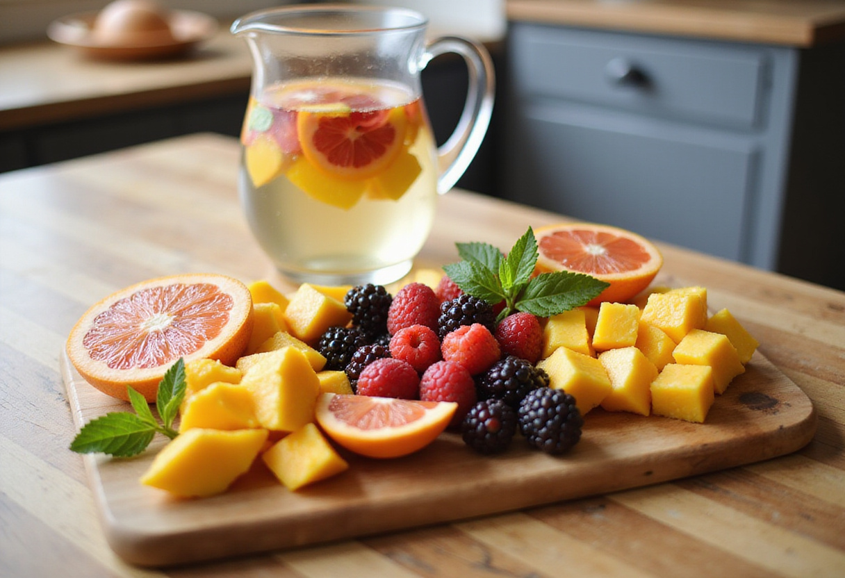 Fresh colorful fruits for no-cook fruit-chili mocktail, infused water preparation with vibrant citrus and berries.