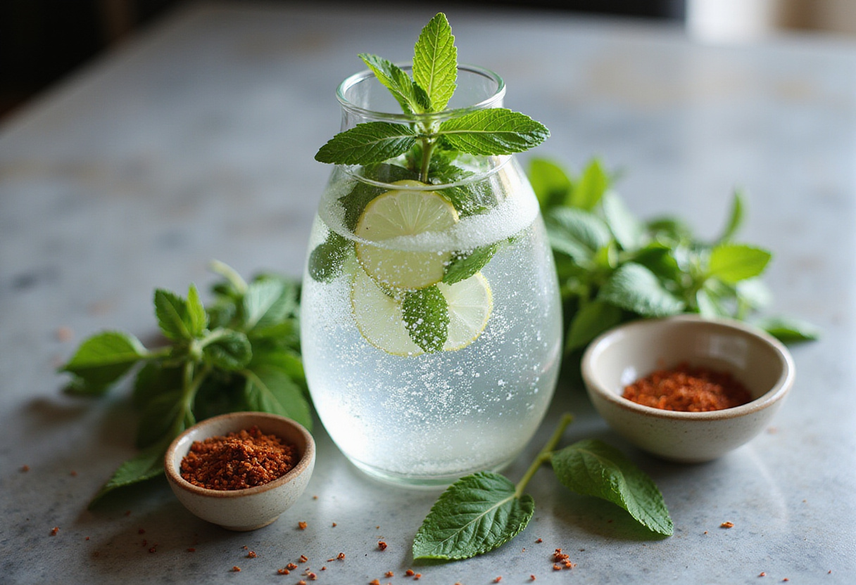 Sparkling water and fresh herbs for a refreshing no-cook fruit-chili mocktail or infused water with spices.