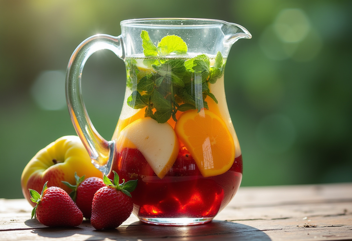 Layered fruits and herbs for a colorful no-cook fruit-chili mocktail preparation showcasing delicious and refreshing infusion.