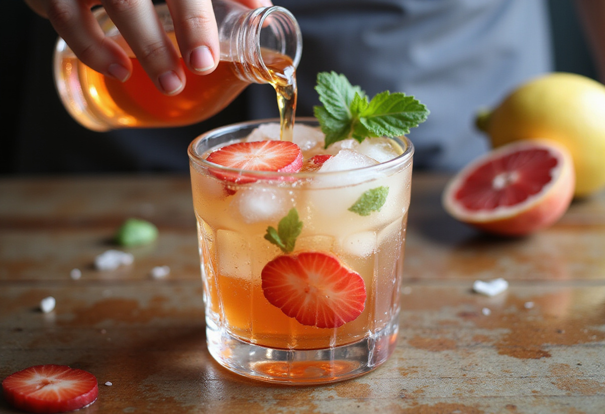 Pouring infused water mocktail into a glass filled with ice, showcasing fresh fruit slices in a refreshing no-cook drink.