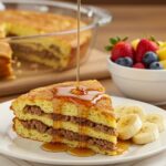 Delicious Pancake Sausage Casserole garnished and served on a plate with syrup and fresh fruit, perfect for breakfast.