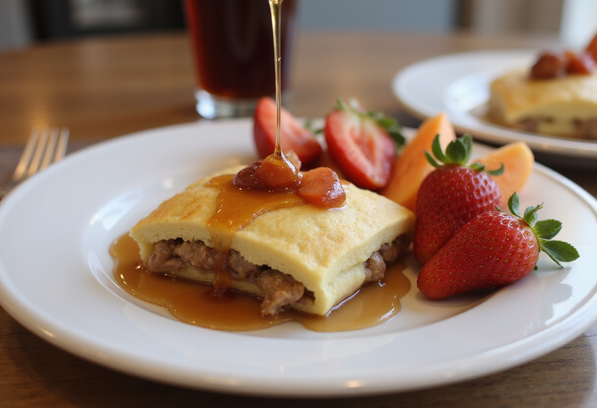 Delicious Pancake Sausage Casserole garnished and served on a plate with syrup and fresh fruit, perfect for breakfast.