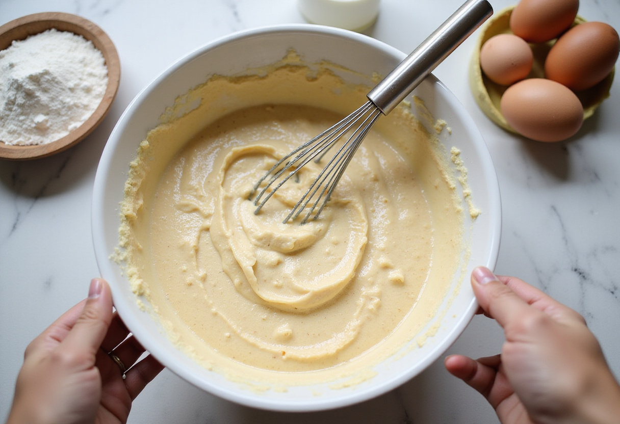 Pancake Sausage Casserole mixing pancake batter with ingredients like flour and eggs in a bright kitchen.