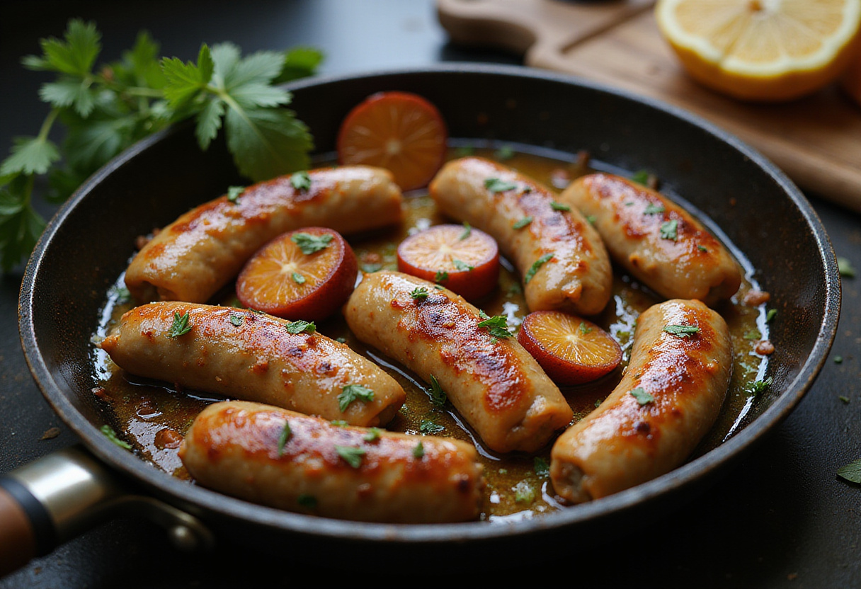 Making Pancake Sausage Casserole with cooked sausage pieces in a skillet, showcasing the savory flavors of the dish.